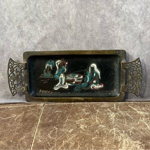 Israel Vintage Brass Enamel Tray Women OS Black Gold Hand Painted MCM Filigree